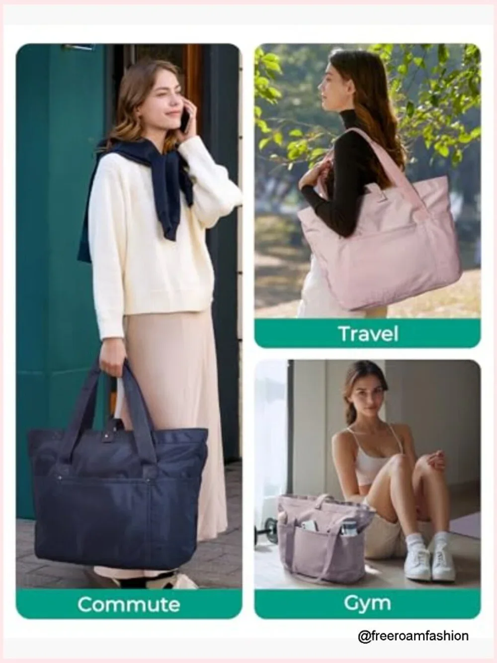 Large Foldable Tote Bag with Zipper, Travel Shoulder Bag for Work Gym